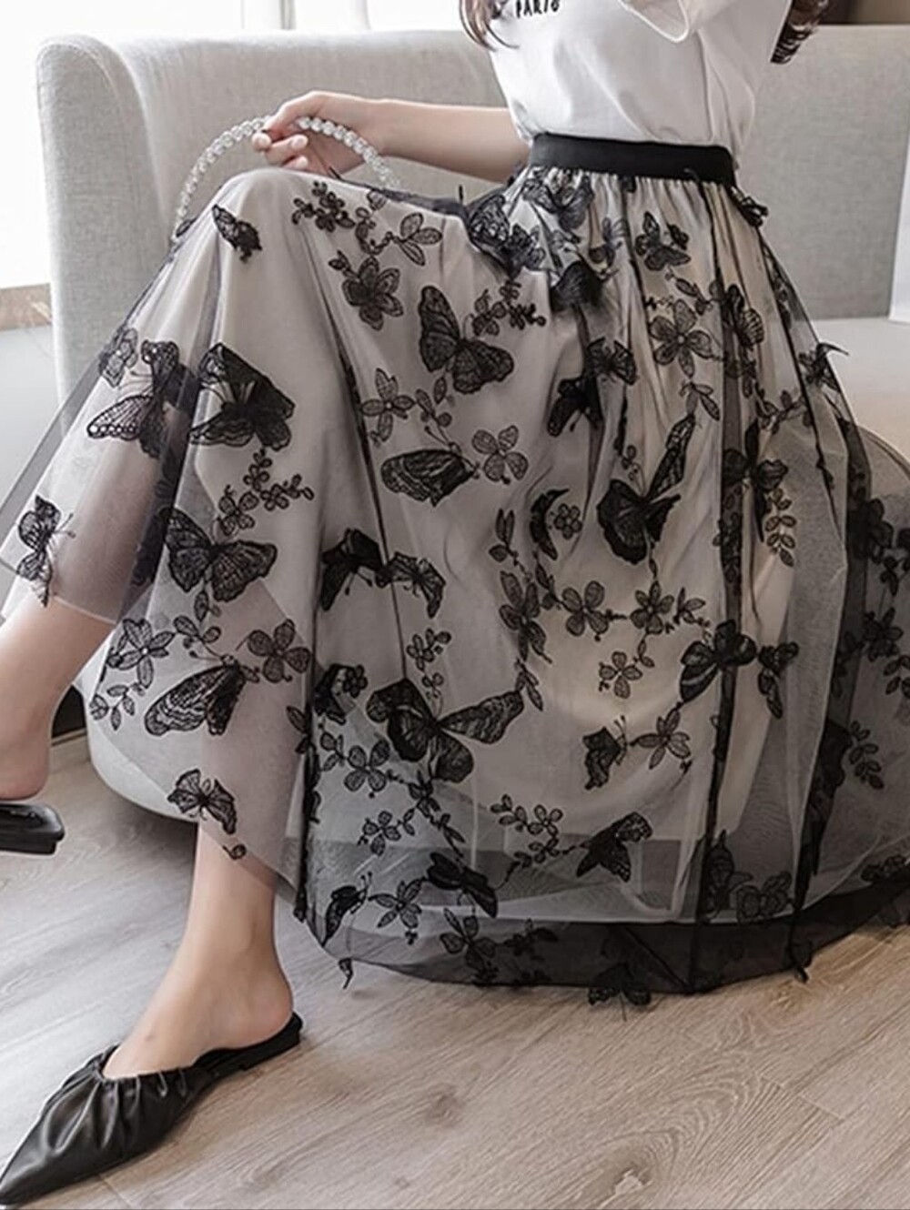 White Tulle Midi Skirt with Black Butterfly Embroidery
